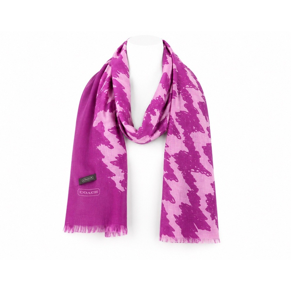Coach Purple Pink Abstract Print Fringe Cashmere Silk Scarf Wrap Shawl